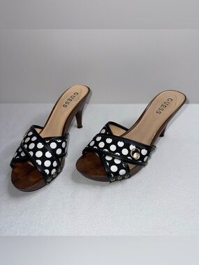 GUESS Black & White Polka Dot Crisscross Heeled Mules